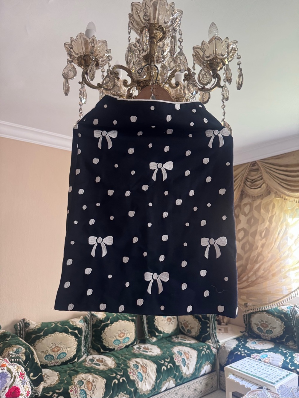 Black Polka Dot & Bow Embroidered Mini Skirt